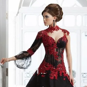 Victorian Gothic Masquerade Wedding Dress High Neck Appliques Lace Beaded Long Sleeve Red and Black Ball Gown Bridal 
Victorian Gothic Masquerade Wedding Dress High Neck Appliques Lace Beaded Long Sleeve Red and Black Ball Gown Bridal