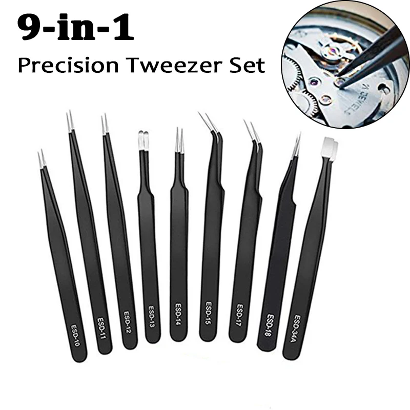 9pcs Stainless Steel Precision Tweezers Set Anti Static Repair Tool Kit for SMD Chip Jewelry Electronic Repairing Hand Tools
9pcs Stainless Steel Precision Tweezers Set Anti Static Repair Tool Kit for SMD Chip Jewelry Electronic Repairing Hand Tools