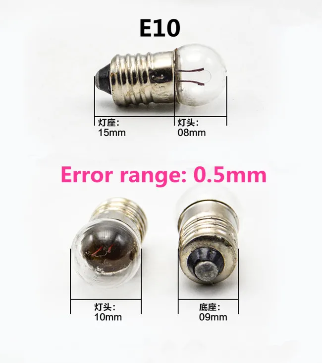 10pcs /lot Instrument small lamp beads E10 3.8V E10 2.5V small bulb signal lamp bead E10 4.8V flashlight bulb
10pcs /lot Instrument small lamp beads E10 3.8V E10 2.5V small bulb signal lamp bead E10 4.8V flashlight bulb