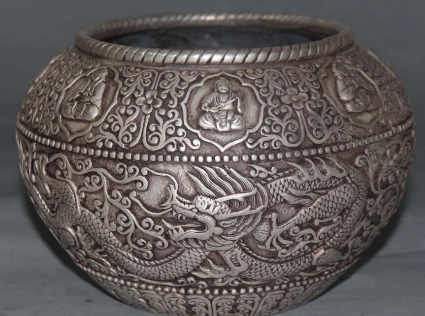 7" Chinese Buddhism Silver Dragon 8 Buddha Crock Jar Pot incense burner Censer R0709
7" Chinese Buddhism Silver Dragon 8 Buddha Crock Jar Pot incense burner Censer R0709