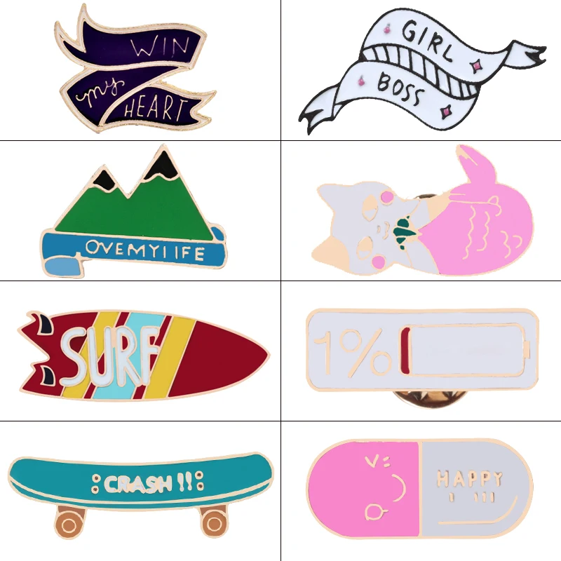 8 Style Word Mountain Skateboard Happy Pin Badge Brooch Vintage Cat Jewelry Enamel Pins For Backpacks Accessories Brooches Gifts
8 Style Word Mountain Skateboard Happy Pin Badge Brooch Vintage Cat Jewelry Enamel Pins For Backpacks Accessories Brooches Gifts