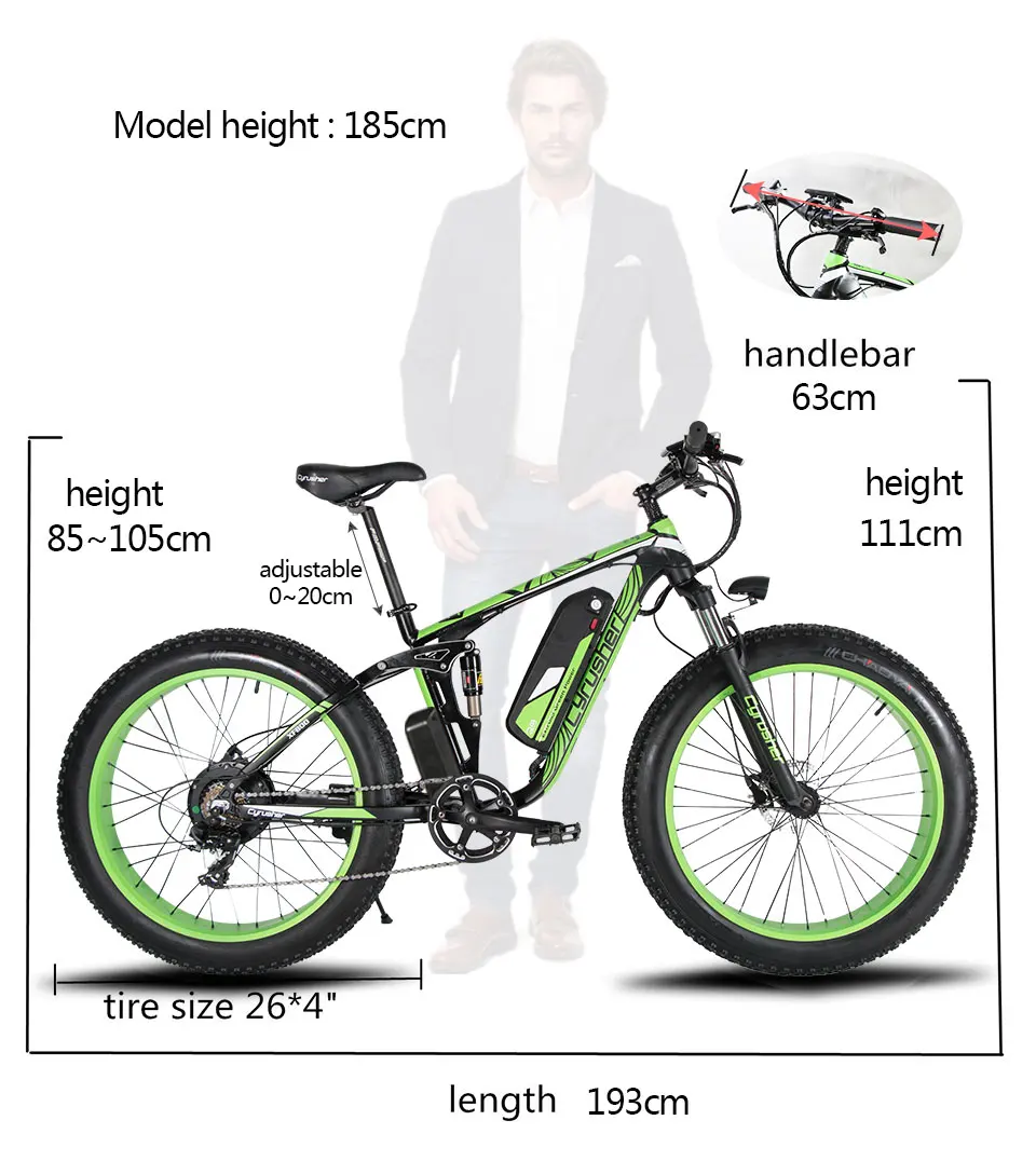 Best Cyrusher XF800 Electric Bicycle double Suspension 7 Speeds,Fat tire eBike, 1000W 48V,smart computer speedometer electric bike 9