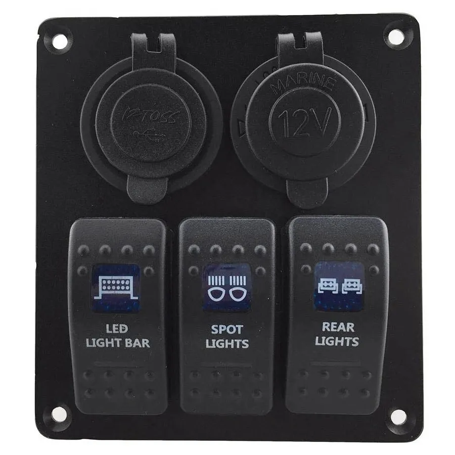 3 Gang Rocker Switch Panel with Power Socket 3.1A Dual USB Wiring Kits and Decal Sticker Labels DC12V/24V for Marine Boat Car
3 Gang Rocker Switch Panel with Power Socket 3.1A Dual USB Wiring Kits and Decal Sticker Labels DC12V/24V for Marine Boat Car