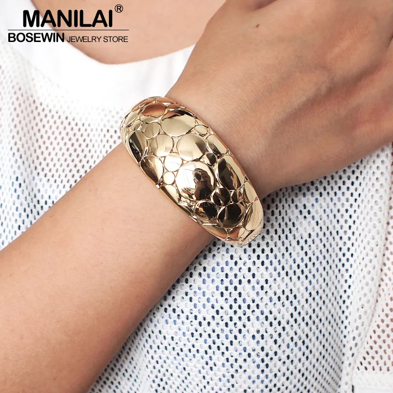 

MANILAI Punk Rough Surface Alloy Big Bangles Trend Golden Sillver Color Statement Cuff Bracelets For Women Jewelry Accessories