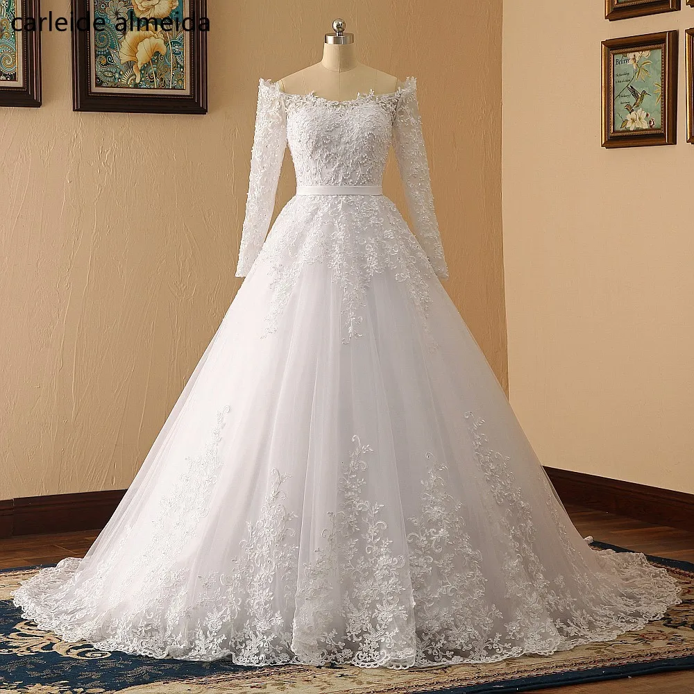 Vestido de noiva Off-the-Shoulder Ball Gown Wedding Dress 2018 Lace Appliques Pearls Luxury Wedding Gowns with Sleeves
Vestido de noiva Off-the-Shoulder Ball Gown Wedding Dress 2018 Lace Appliques Pearls Luxury Wedding Gowns with Sleeves