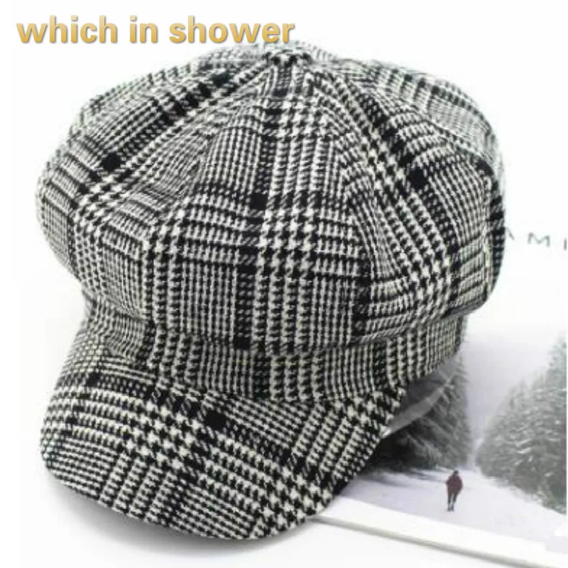 

which in shower casual plaid female flat cap vintage painter hat retro grid women beret hat fashion peaked octagonal cap gorras