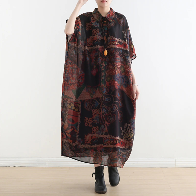 Johnature Vintage Loose Clothes Short Batwing Sleeve Summer Dress Print Button Mid-calf Turn-down Collar Chiffon Women Dress
Johnature Vintage Loose Clothes Short Batwing Sleeve Summer Dress Print Button Mid-calf Turn-down Collar Chiffon Women Dress