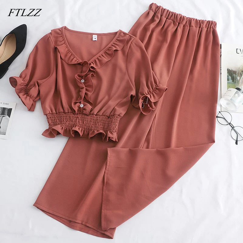 FTLZZ 2019 Women Two Piece Set Summer V Neck Ruffles Short Sleeved Tunic Waist Crop Tops And High Waist Wide Leg Pants Suits Set
FTLZZ 2019 Women Two Piece Set Summer V Neck Ruffles Short Sleeved Tunic Waist Crop Tops And High Waist Wide Leg Pants Suits Set
