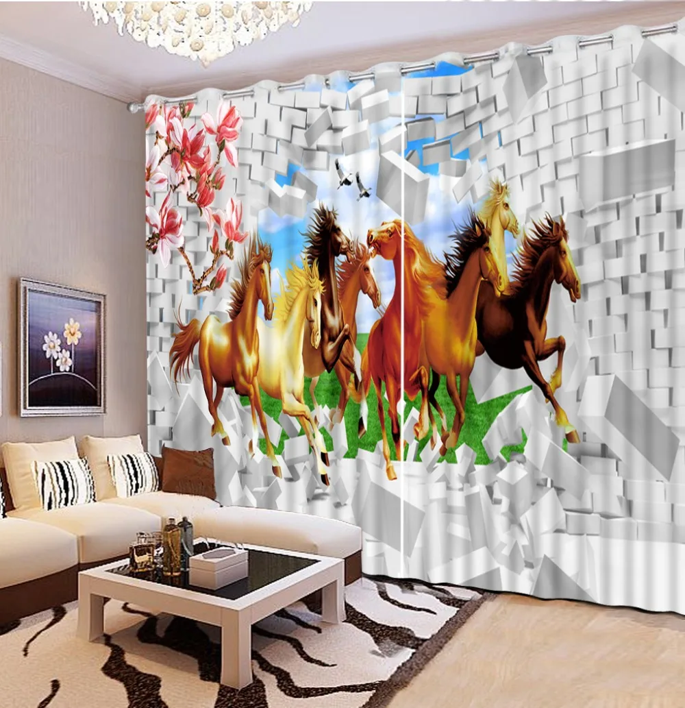 

3D Curtain Fashion Customized Blackout Shade Window Curtains Brick Wall Colored Horse Animal Curtains For Bedroom