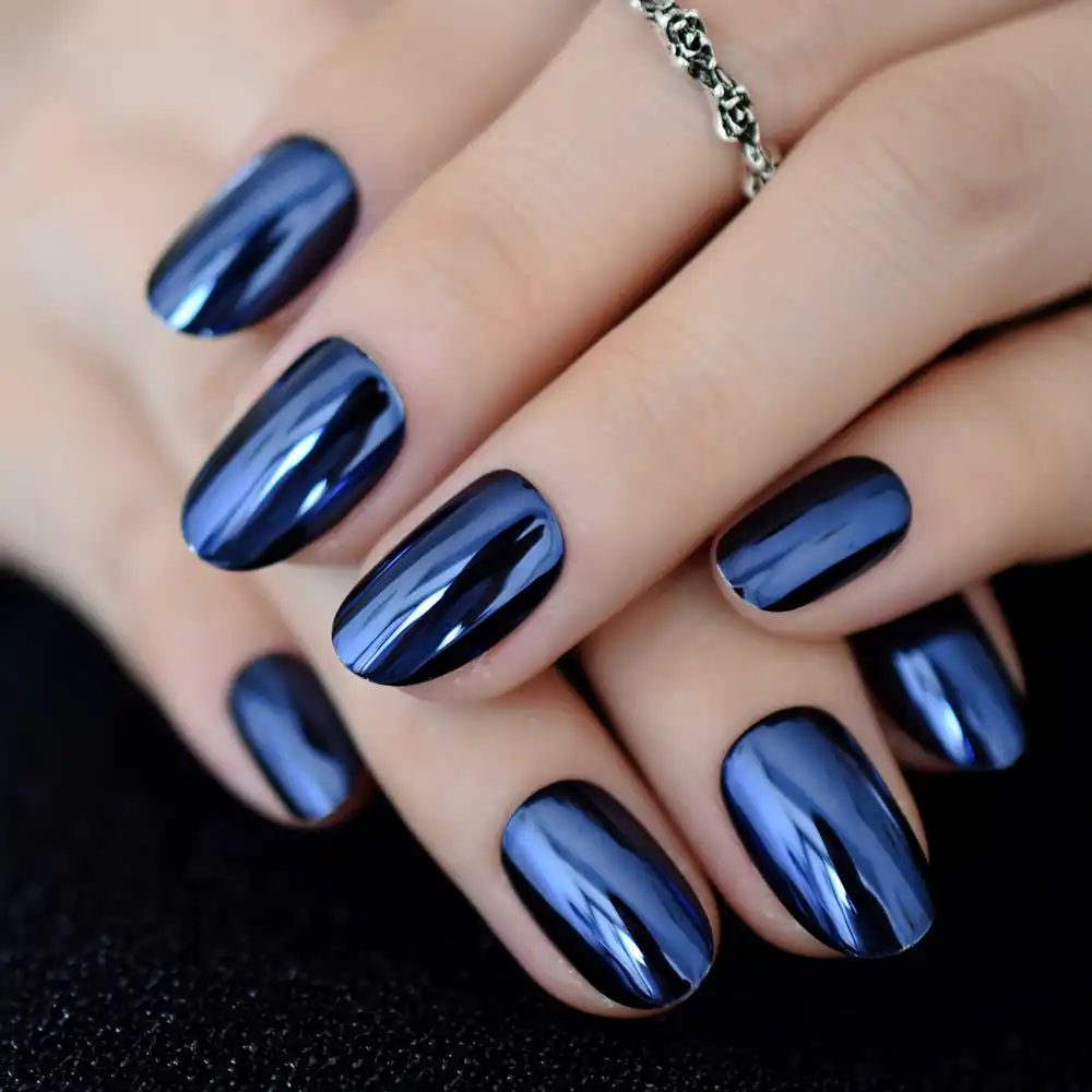 Metallic Oval Navy Blue Medium Nails Mirror Effect Chrome