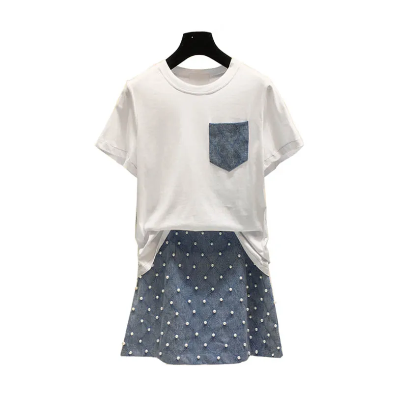 PERHAPS U white blue plaid beading pearl T shirt tee skirt two pieces set women summer T0226
PERHAPS U white blue plaid beading pearl T shirt tee skirt two pieces set women summer T0226