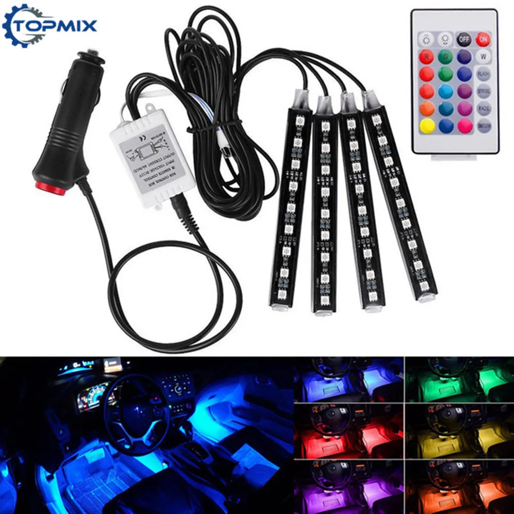 4Pcs 12V Car RGB LED DRL Strip Light 9 SMD 5050 Car Auto Remote Control Decorative Flexible LED Strip Atmosphere Lamp Kit
4Pcs 12V Car RGB LED DRL Strip Light 9 SMD 5050 Car Auto Remote Control Decorative Flexible LED Strip Atmosphere Lamp Kit
