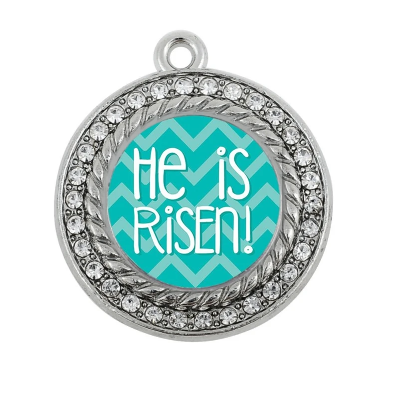 

HE IS RISEN TEAL CHEVRON PATTERNED SQUARE CIRCLE CHARM antique silver plated jewelry