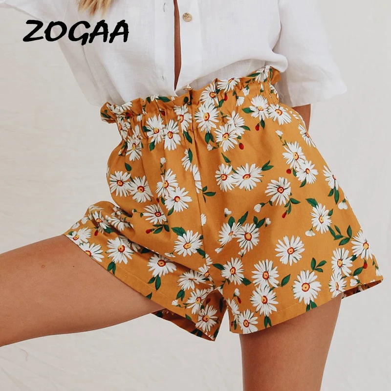 

ZOGAA Bohemian Ginger Frilled Trim Elastic Waist Floral Print Shorts Women Summer High Waist Beach Style Casual Chiffon Shorts