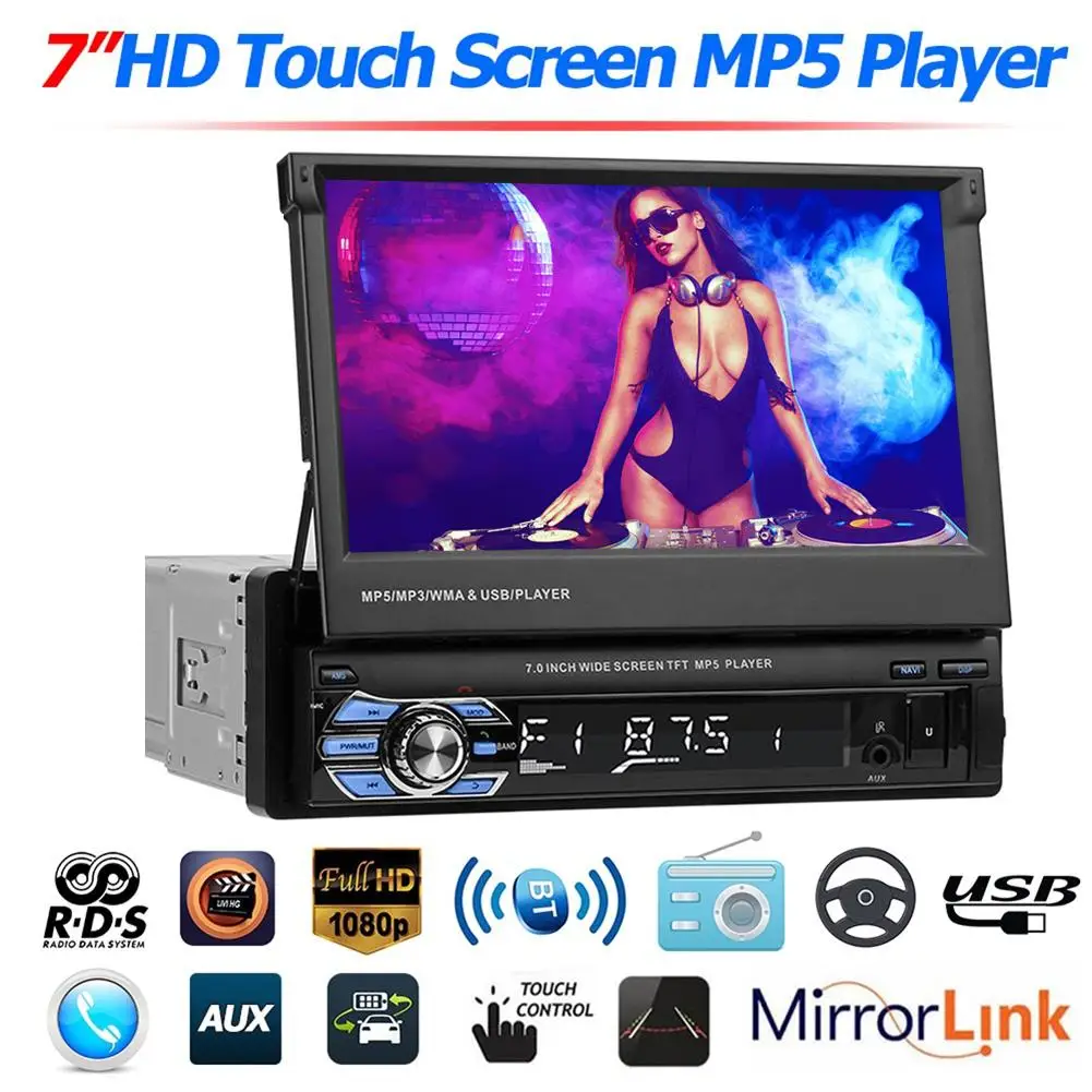 

1DIN MP5 Player HD 7"Car Stereo RDS AM FM Radio GPS Navigation Retractable Touch Screen USB Bluetooth Car MP5 Player