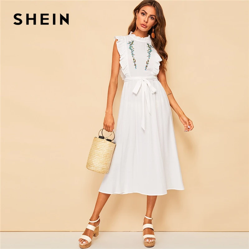 

SHEIN Mock Neck Ruffle Trim Flower Embroidered Belted Dress Zipper Stand Collar Sleeveless Boho A Line Summer Women Dress