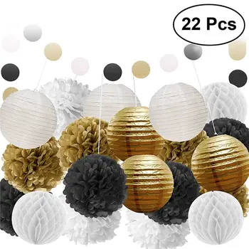 

22pcs Tissue Paper Pom Poms Flowers Paper Lanterns Honeycomb Ball And Polka Dot Paper Garland For Wedding Party Decorations
