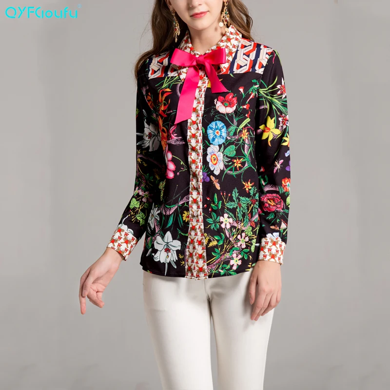 

QYFCIOUFU Verano de alta calidad blusa de talla grande para mujer de manga larga con cuello de lazo encantadora camisa de estampado Floral moda Casual Top