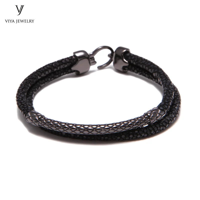 Handcrafted Luxury Custom Stingray Silver Bracelets Two hand-wrapped Stingray leather cords Men Bracelet With Pure Silver Clasp-VSST-03 (3)