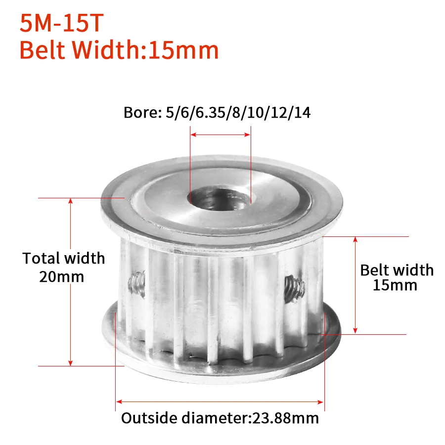 5M 15 Teeth Synchronous Timing Pulley Bore 5/6/6.35/8/10/12/14/15mm for Width 15/20mm HTD5M Belt gear 15-5M-15 AF 15Teeth 15T
5M 15 Teeth Synchronous Timing Pulley Bore 5/6/6.35/8/10/12/14/15mm for Width 15/20mm HTD5M Belt gear 15-5M-15 AF 15Teeth 15T