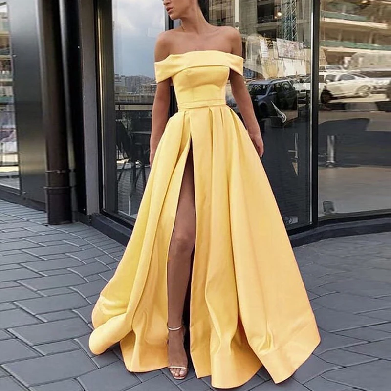 Off Shoulder A-line Prom Dresses Yellow Satin Long Formal Party Dress 2019 Elegant Cheap Front Split Women Vestido De Formatura
Off Shoulder A-line Prom Dresses Yellow Satin Long Formal Party Dress 2019 Elegant Cheap Front Split Women Vestido De Formatura
