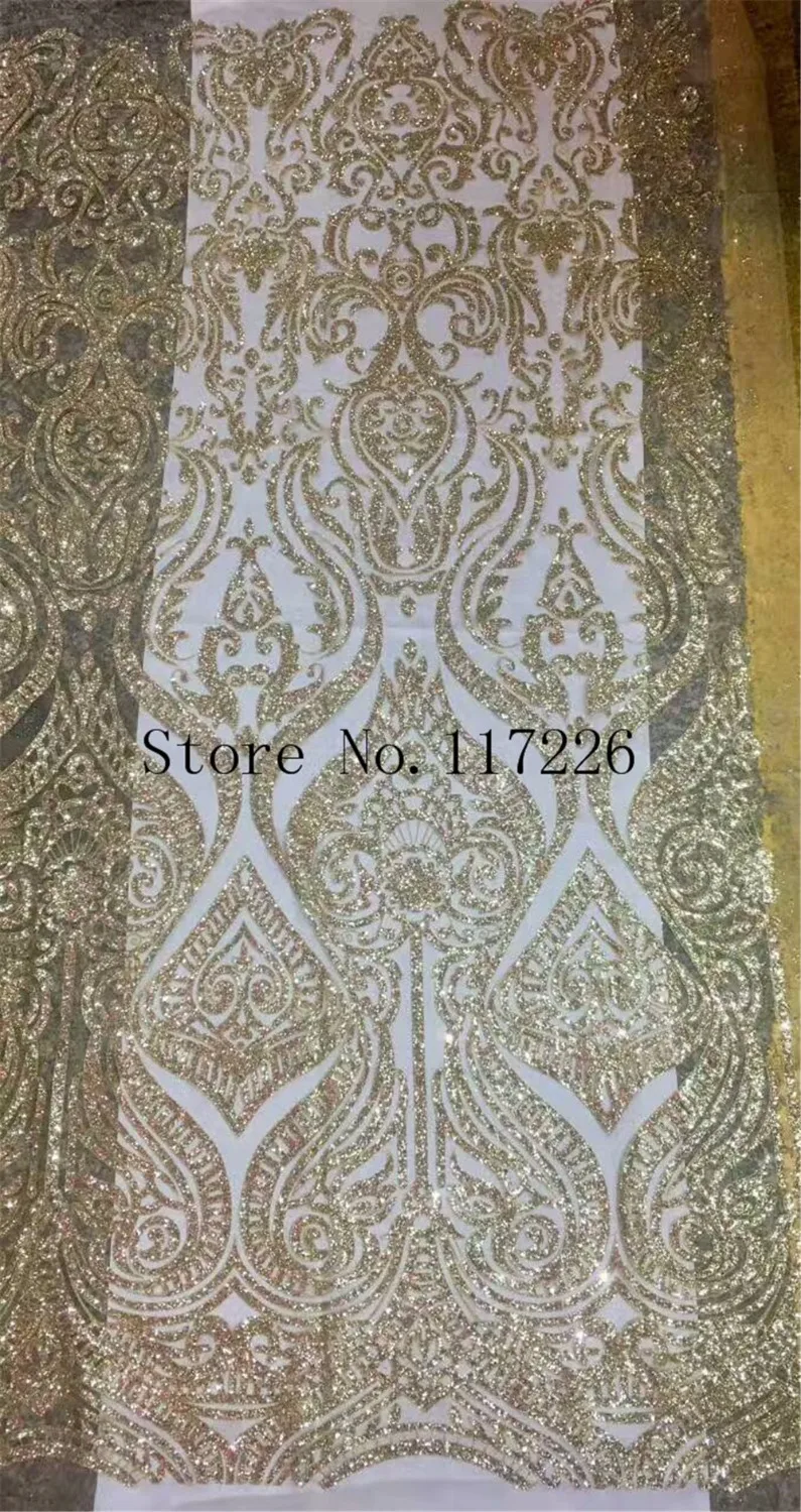 

Hot selling gold color African French Guipure Lace Fabric JRB-89652 Hand cut glued glitter sequins Lace for party