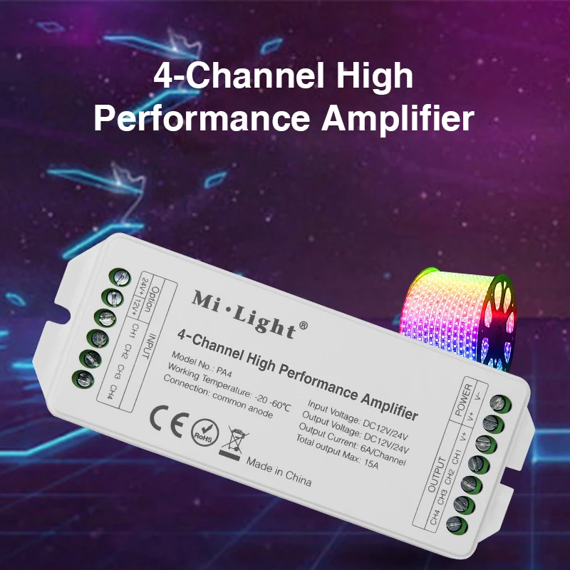 PA4; Mi.Light 2 4-Channel Hight Performance Amplifier;DC12-24V input;6A/Channel, Total output Max.15A output
PA4; Mi.Light 2 4-Channel Hight Performance Amplifier;DC12-24V input;6A/Channel, Total output Max.15A output
