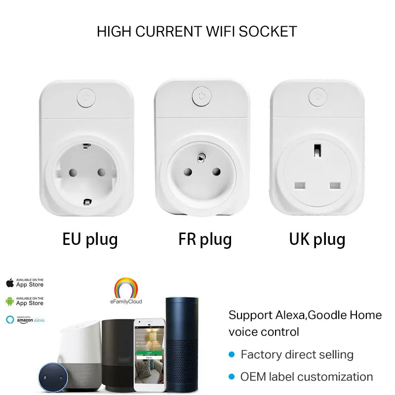 EU/UK/FR Power Smart WiFi Socket Plug APP Remote Control Timer Power Detection with Smart Home Support Android / Apple system
EU/UK/FR Power Smart WiFi Socket Plug APP Remote Control Timer Power Detection with Smart Home Support Android / Apple system