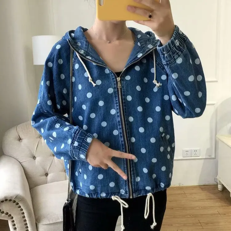 Spring Autumn Summer Hooded Zipper Adjustable Drawstring Pretty Dot Print Thin Denim Coat Jean Jacket Sun Korean Windbreaker Top
Spring Autumn Summer Hooded Zipper Adjustable Drawstring Pretty Dot Print Thin Denim Coat Jean Jacket Sun Korean Windbreaker Top
