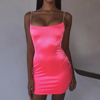 Stretch Satin Mini Dress Women Sexy Straps Slim Fit Bodycon Party Dress Neon Green Pink Dress Dual-layered Robe Femme 
Stretch Satin Mini Dress Women Sexy Straps Slim Fit Bodycon Party Dress Neon Green Pink Dress Dual-layered Robe Femme