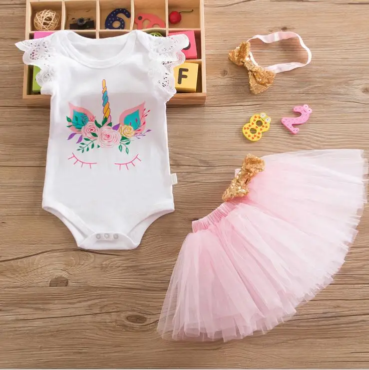 

0-24M infant toddler girls unicorn clothes romper+petti skirt+headband 3pcs baby onesie clothes set for 1st girl birthday party