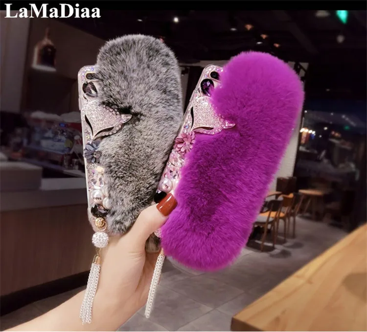 Luxury Rabbit Fur Plush Phone Case For Samsung S6 S7 S8 S9 S10 S20 S21 Plus Note 5 8 9 10 20 Bling Diamond Pendant Soft | Мобильные