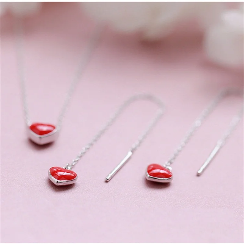 

Jewelry Sets 925 Sterling Silver Necklace/Earrings Women Fashion Collier Cute Tiny Red Glaze Heart For Women Girls Lady Gifts