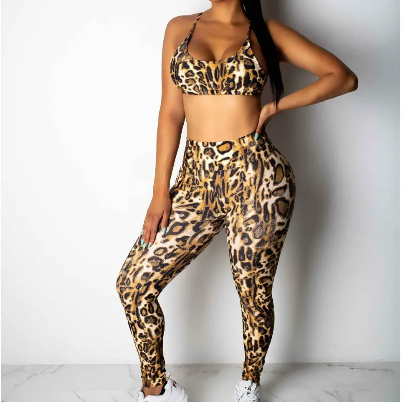 Женский летний Леопардовый набор для фитнеса с ремешками укороченный Топ майка