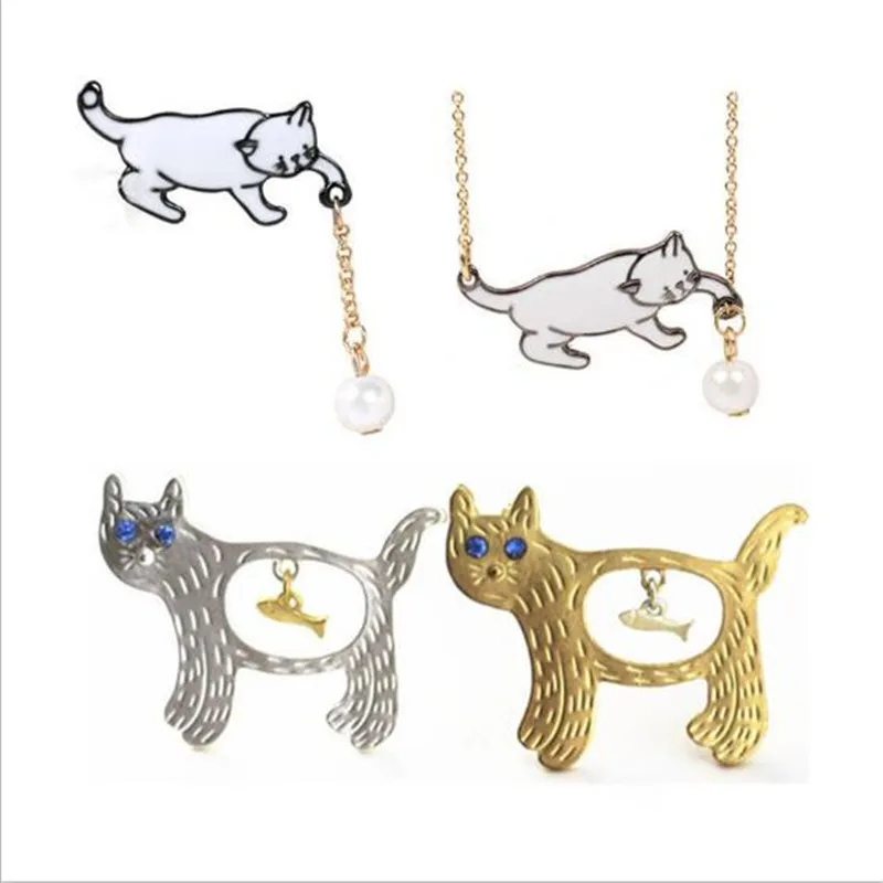 New Japanese and Korean style matte gold Silver Cat eating fish Enamel kitten catching ball imitation pearl brooch necklace
New Japanese and Korean style matte gold Silver Cat eating fish Enamel kitten catching ball imitation pearl brooch necklace