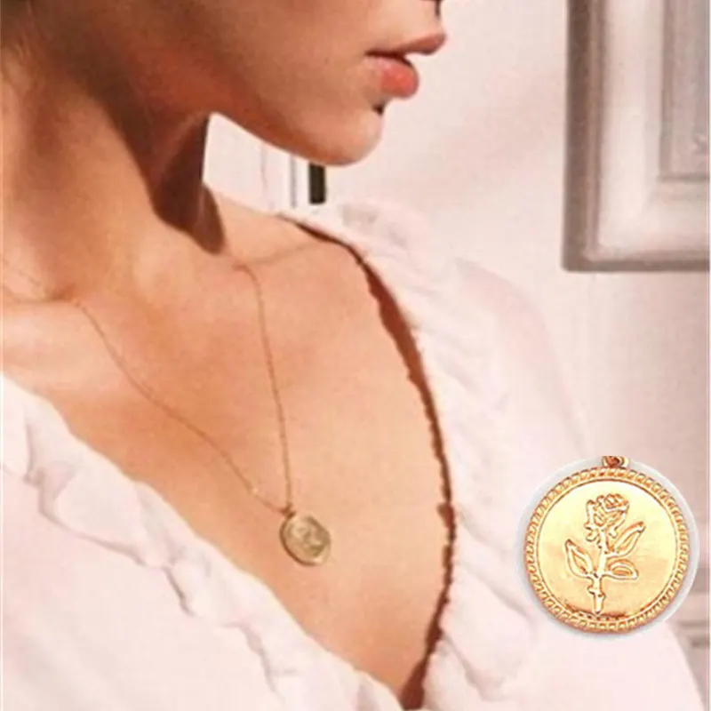 Gold Color Flower Necklace Round Rose Necklace Pendant for Women Simple Long Chain Coin Necklace Collier Wholesale Gifts
Gold Color Flower Necklace Round Rose Necklace Pendant for Women Simple Long Chain Coin Necklace Collier Wholesale Gifts
