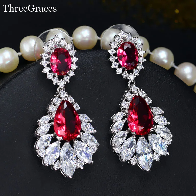 Image Vintage Design CZ Earrings Big Chandelier Cubic ZIirconia Diamond Pave Ruby Red Stone Women Long Drop Earrings For Wedding ER042