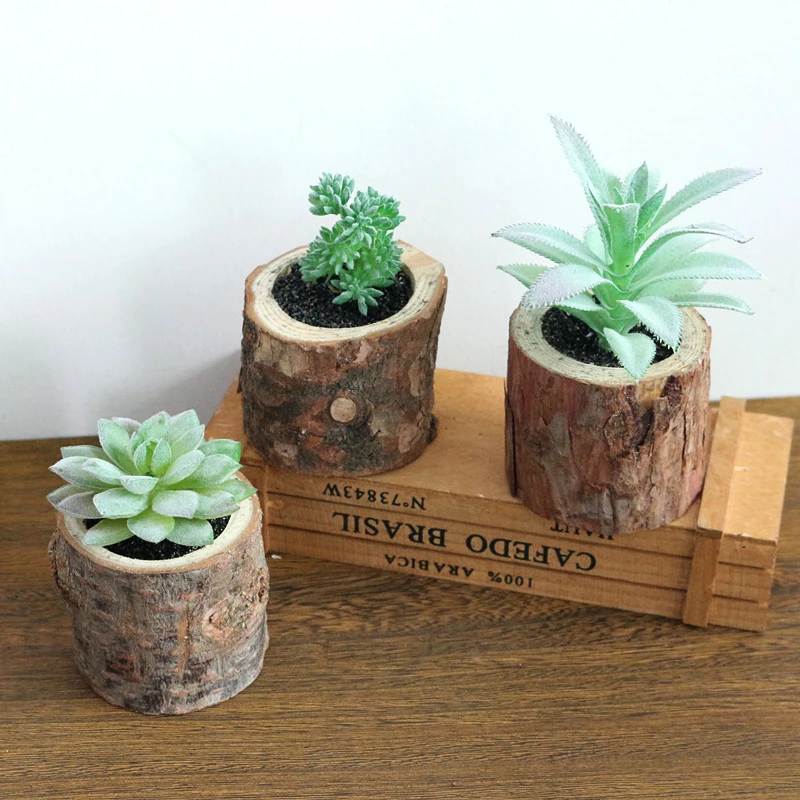 JAROWN Artificial Succulent Plants Potted Set Real Wooden Pile Flowerpot For Home Decoration Office Tabletop Decor (10)