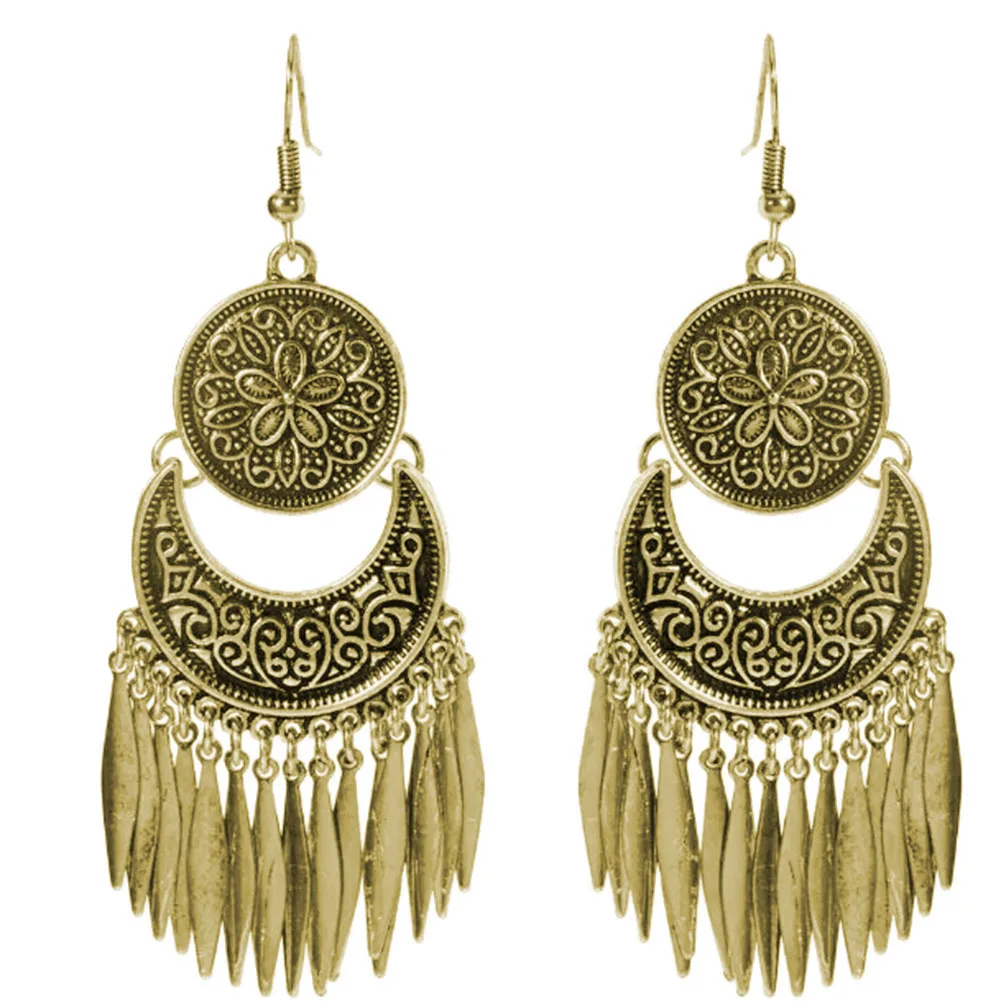 

Retro Carved Tassel Exaggerated Earrings Gold And Silver Color Trendy Fashion Popular Girl's Vintage Dangle Tassel Earrings