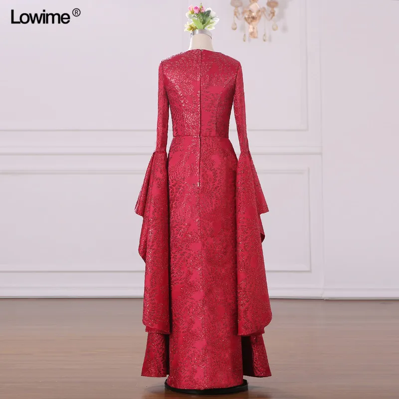 Mermaid Muslim Arabic Evening Dresses Scoop Red Custom Made Appliques Sequins Robe De Soiree Long Prom 2018 (1)