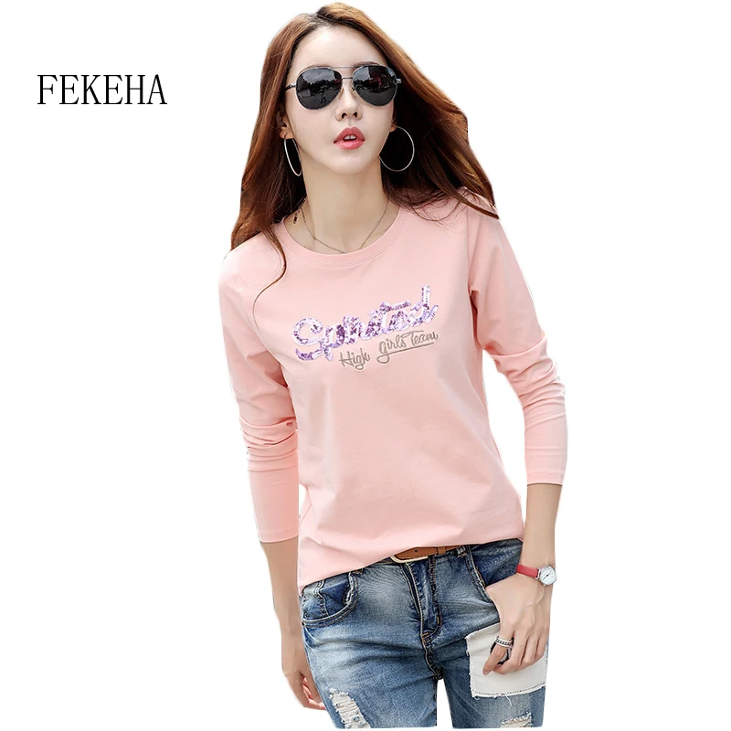 

FEKEHA 2019 White T Shirts Women Cotton Tee Shirt Femme Long Sleeve Black Camisetas Mujer Letter T-shirt Slim T Shirt Lady Tops