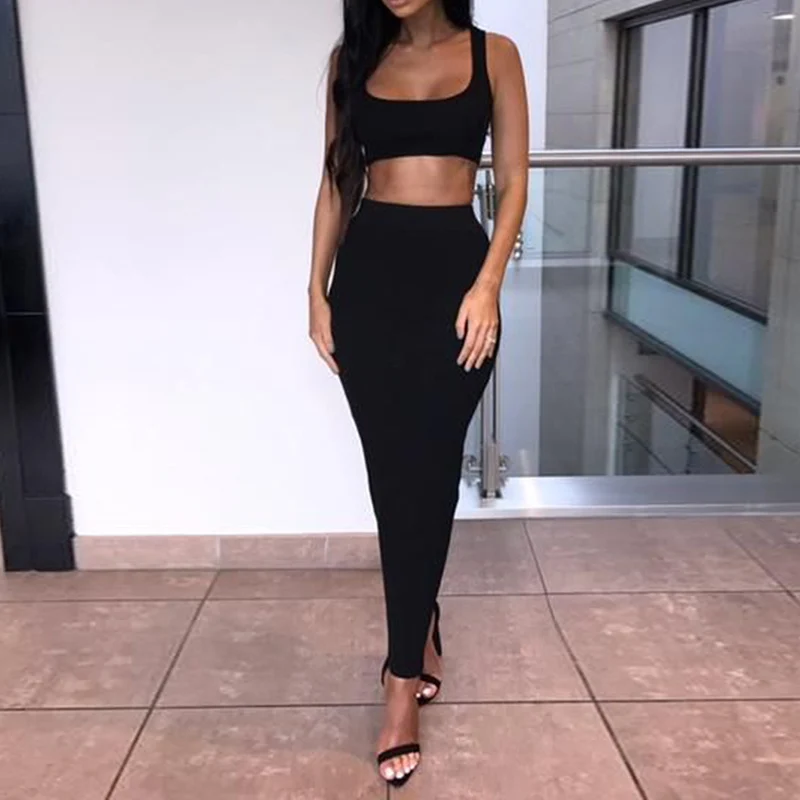 2Pcs Set Women Crop Tops And Skirt Set Matching Set Women Two Pieces Sexy Sleeveless Short Tops+Bodycon Slim Long Skirt Sets