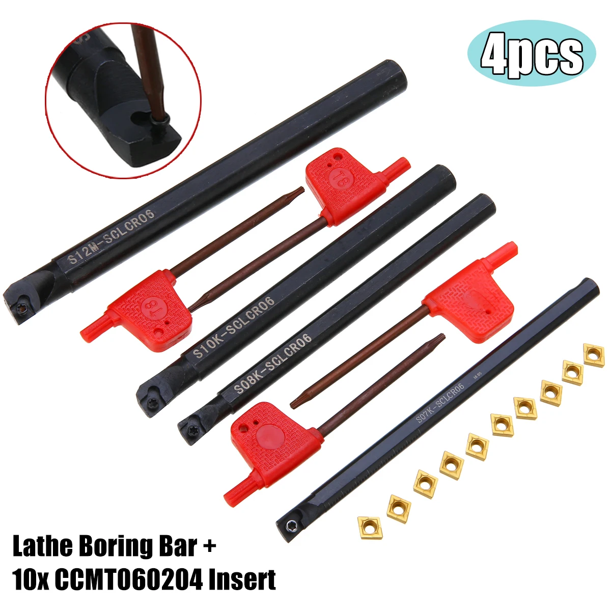 4pcs S12M/S10K/S08K/S07K-SCLCR06 Boring Bar 7/8/10/12mm CNC Lathe Turning Holder + 10pcs CCMT060204 Carbide Inserts + Wrench
4pcs S12M/S10K/S08K/S07K-SCLCR06 Boring Bar 7/8/10/12mm CNC Lathe Turning Holder + 10pcs CCMT060204 Carbide Inserts + Wrench