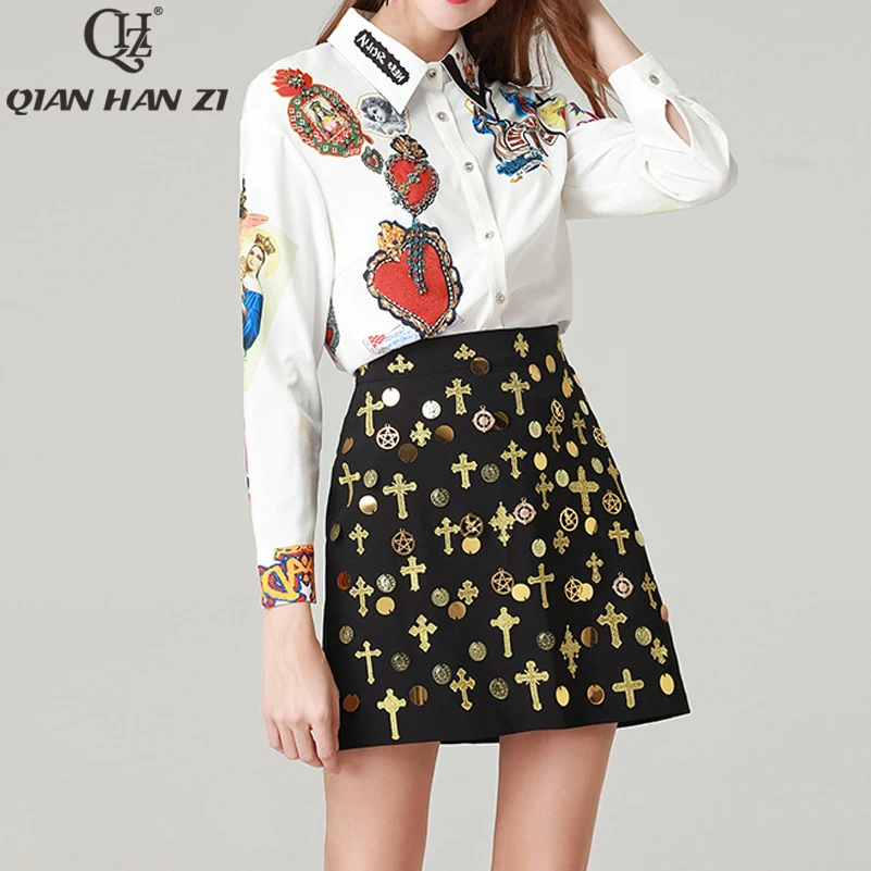 Qian Han Zi Fashion Shirt Two Pieces Set Women Long Sleeve Printed Crystal Top/Blouses+Embroidered Black Bodycon Skirt Sets Suit
Qian Han Zi Fashion Shirt Two Pieces Set Women Long Sleeve Printed Crystal Top/Blouses+Embroidered Black Bodycon Skirt Sets Suit