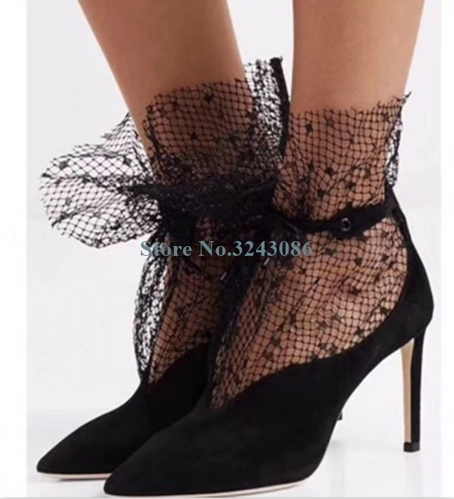 

New Arrival Black Faux Suede Thin High Heel Pumps Mesh Buckle Strap Sexy Women Shoes Pointed Toe Elegant Banquet Ladies Shoes