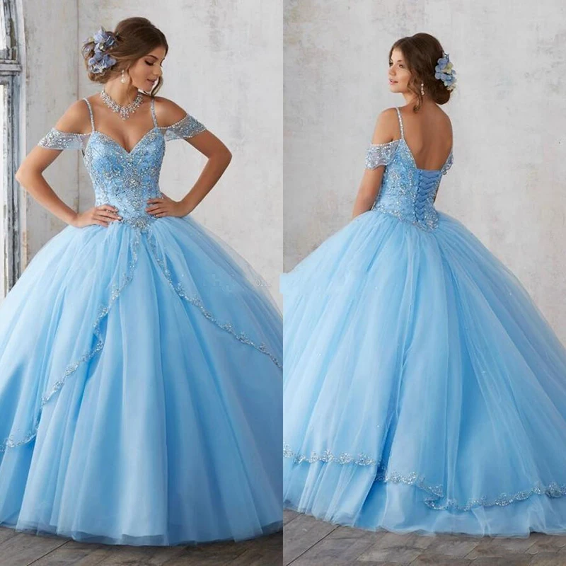 2019 Light Sky Blue Ball Gown Quinceanera Dresses Cap Sleeves Spaghetti Beading Crystal Princess Prom Party Dresses For Sweet 16
2019 Light Sky Blue Ball Gown Quinceanera Dresses Cap Sleeves Spaghetti Beading Crystal Princess Prom Party Dresses For Sweet 16