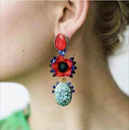 JERPVTE Brand New Colorful Crystal Flower Drop Earrings Women Fashion Big Statement Long Wedding Party Indian Jewelry | Украшения и