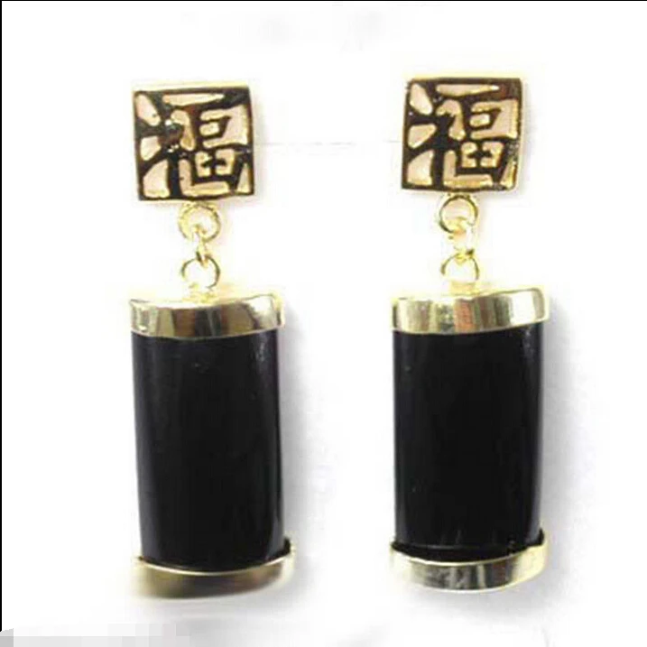 

Plated GOOD FORTUNE Dangle Natural Black Agate Earrings 18K GP style Fine jewe Noble Natural jade FREE SHIPPING