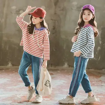 2019 Fashion Kids Girl Hooded Striped Knitted Shirt+Denim Jeans Pants Suits Children Loose Sports Suit Teen Girl Causal Set Q716
2019 Fashion Kids Girl Hooded Striped Knitted Shirt+Denim Jeans Pants Suits Children Loose Sports Suit Teen Girl Causal Set Q716