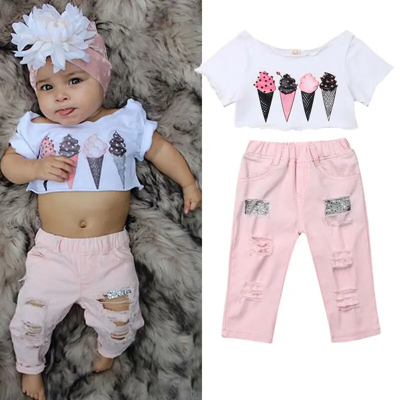 2019 Newest Hot Toddler Kids Baby Girl Summer Clothes Ice Cream Printed Crop Tops T Shirt Denim Long Pants 2pcs Outfits Set
2019 Newest Hot Toddler Kids Baby Girl Summer Clothes Ice Cream Printed Crop Tops T Shirt Denim Long Pants 2pcs Outfits Set